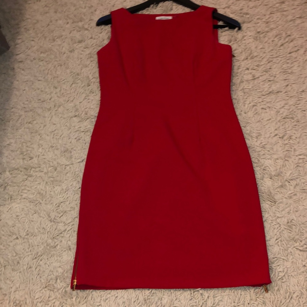 Calvin Kline sheath dress with gold zippers.